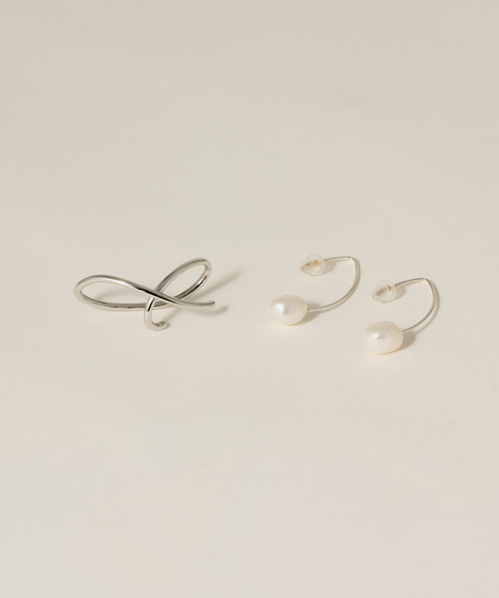 Cross Line Ear Cuff & Drop Pearl Pierce Silver925 |毎日使える